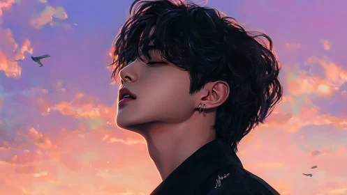 Side-profile digital portrait of youth against sunset sky