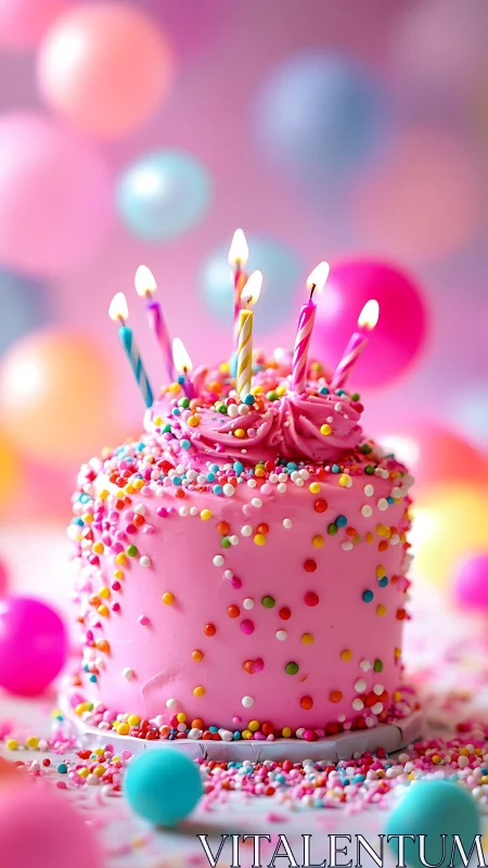 Pink Birthday Cake with Lit Candles and Gradient Bokeh Background.