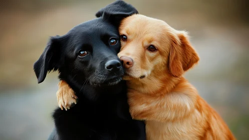Two affectionate dogs share a warm, comforting embrace outdoors