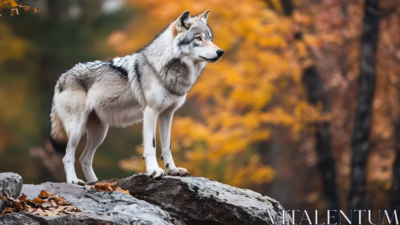 Timber wolf on granite outcrop in soft autumn forest bokeh