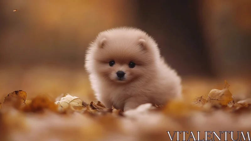 Fluffy Pomeranian puppy rests amid softly blurred autumn leaves