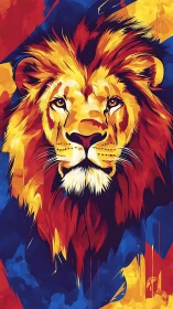 Lion portrait blazes in vibrant abstract primary color fire.