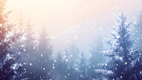Snow covered evergreen trees stand under soft pastel sky