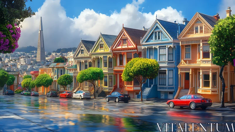 Vibrant San Francisco Painted Ladies in saturated digital light.