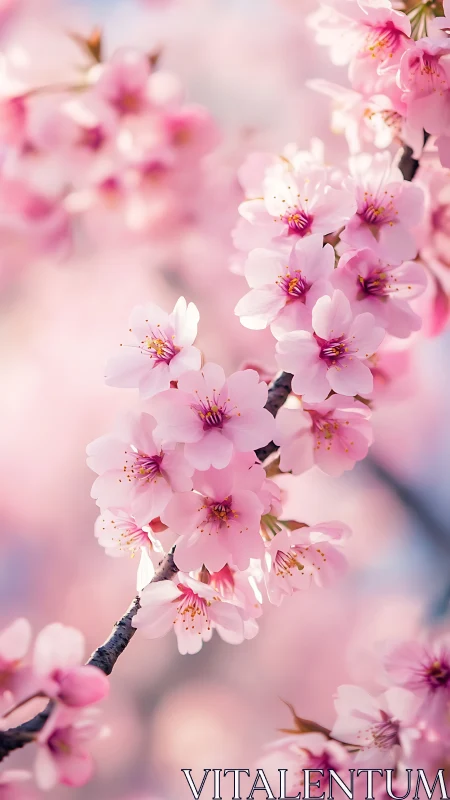 Pink flowering branch with shallow depth field focus