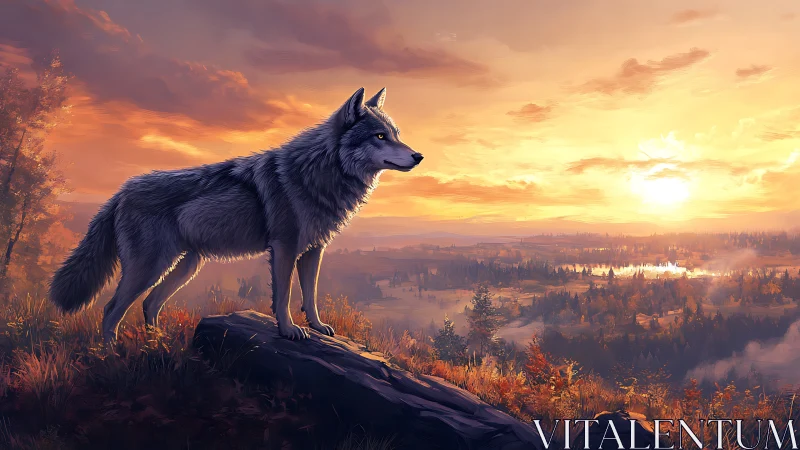 Grey wolf standing over autumn valley at glowing sunset.
