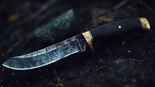 Weathered hunting knife with brass bolsters on soil.