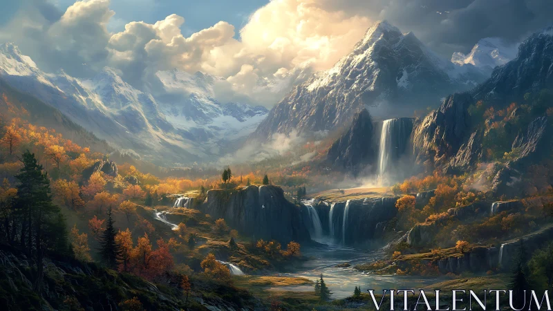 Majestic alpine waterfalls amid glowing autumn valley panorama.