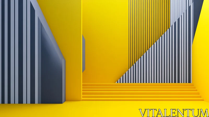 Geometric architectural space with yellow and gray striped elements