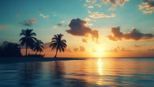 Coastal horizon with palm silhouettes under sunset sky.