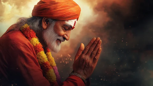 Elderly man in orange garments with folded hands profile.