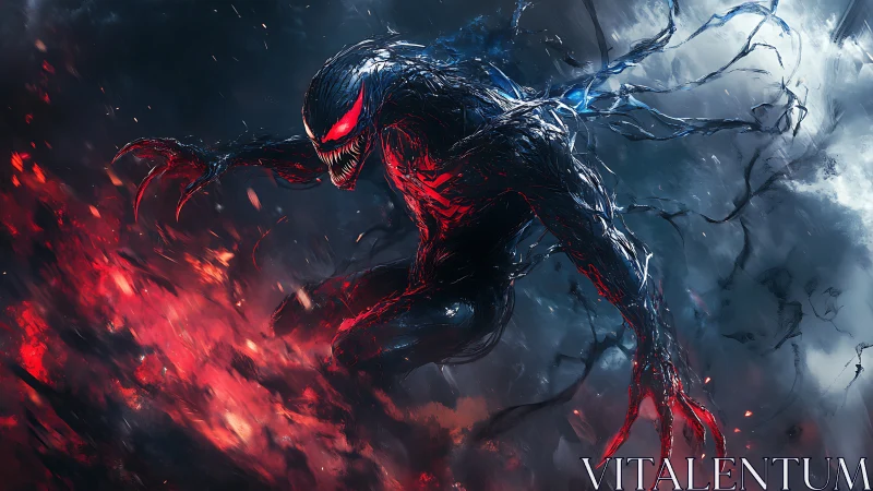 Demonic symbiote lunges through infernal storm in dynamic lighting