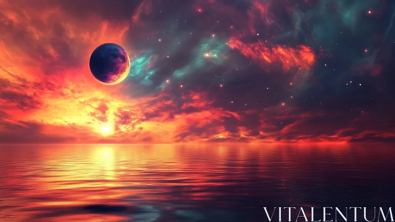 Celestial eclipse above flame colored ocean horizon at dusk.