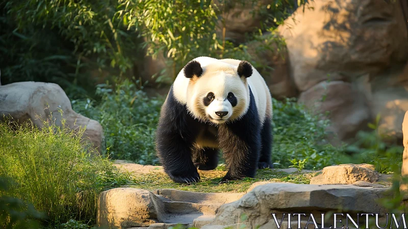 Giant panda walking on rocky path in green enclosure.