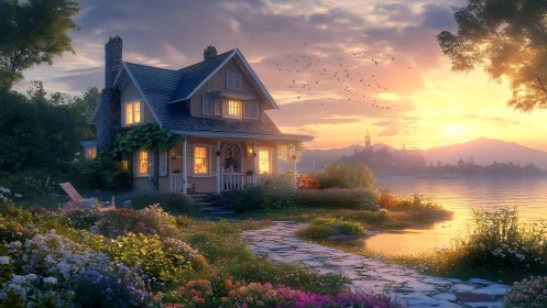 Lakeside cottage at sunset with flowers and warm lighting.