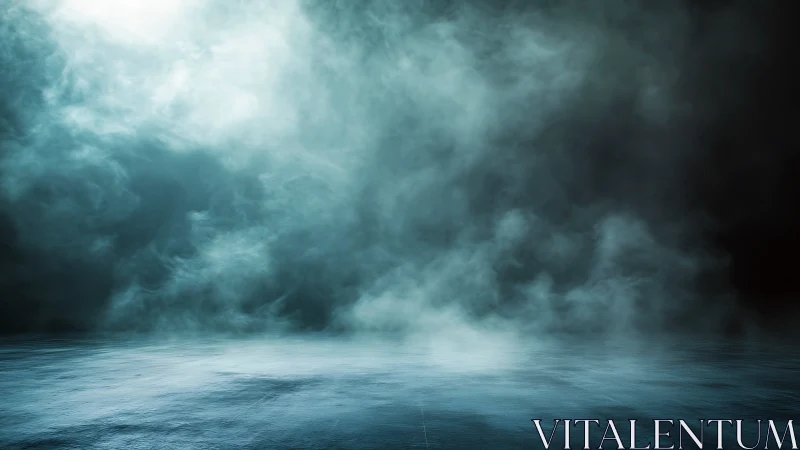 Dense blue fog above reflective floor in dark interior.