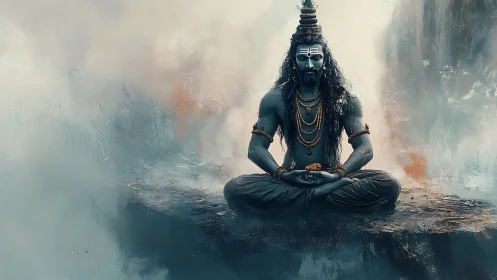 Mythic ascetic yogi levitating on mist-laden cliff plateau.