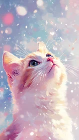 Ethereal Pink Cat with Luminous Gaze Amid Floating Particles.