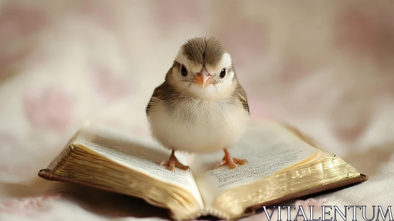 Little songbird poised atop open vintage book pages.