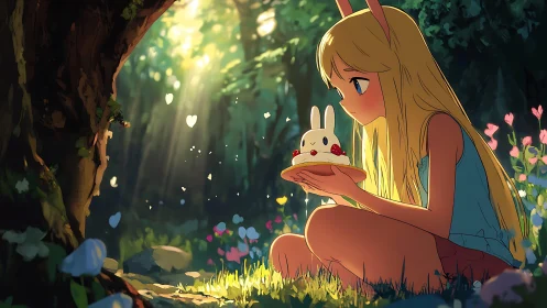 Forest girl admires bunny cake in dreamy golden sunlight