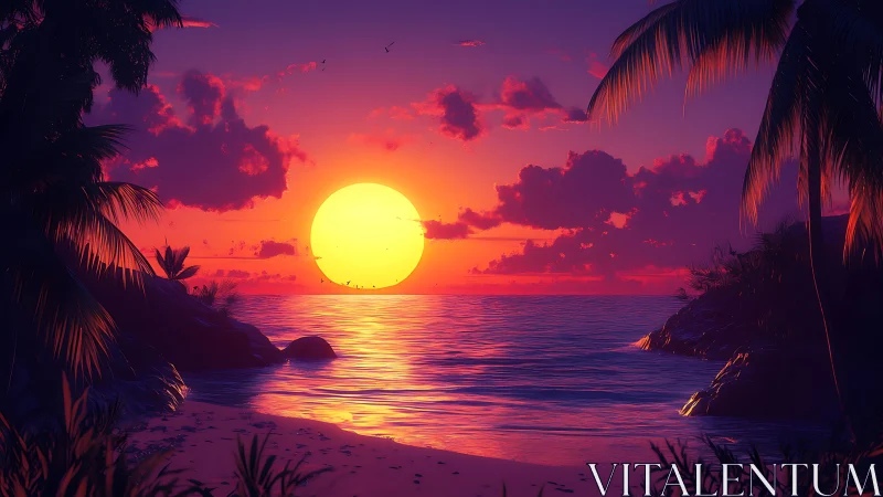 Neon tropical sunset over calm ocean with palm silhouettes.