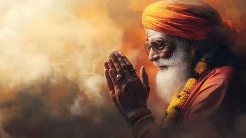 Mystic elder in saffron robes within glowing incense clouds.
