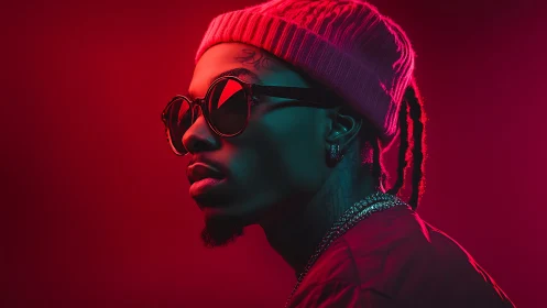 Cool urban portrait in bold neon red and deep shadow glow.