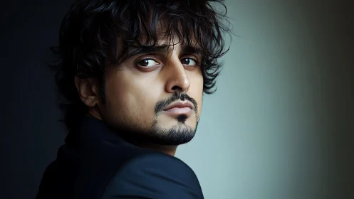 Brooding gaze in teal light, a quiet storm in profile.