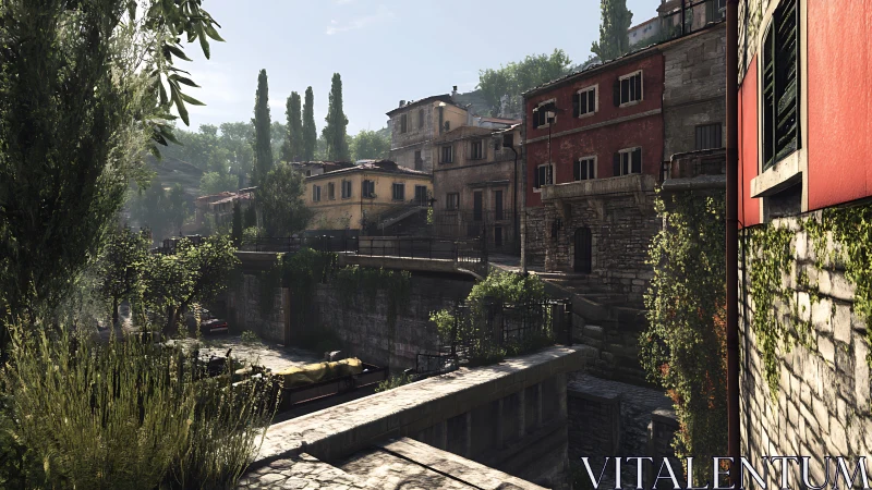 Sunlit Italian canal street with weathered stone facades.
