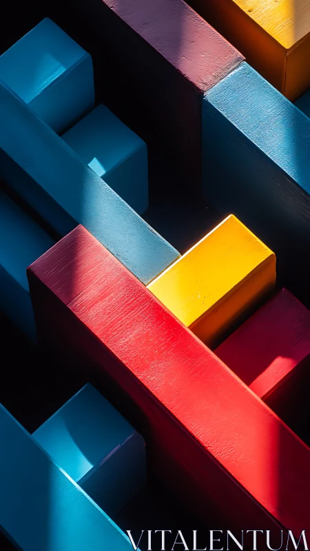 Colorful wooden rectangular blocks form intersecting diagonal bands