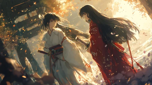 Samurai priestesses meet beneath autumn shrine light.