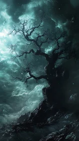 Gnarled barren tree silhouette rises through turbulent teal storm