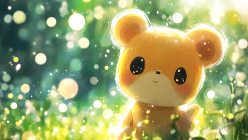 Cartoon bear character in sunlit forest with bokeh light.