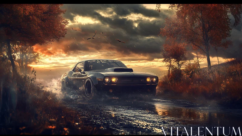Muscle car moves along wet rural road at overcast sunset