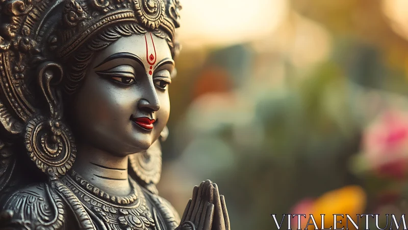 Close-up of ornate Hindu deity statue in soft daylight.