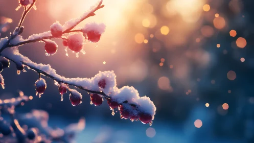 Snow covered berries against warm winter sunset light.