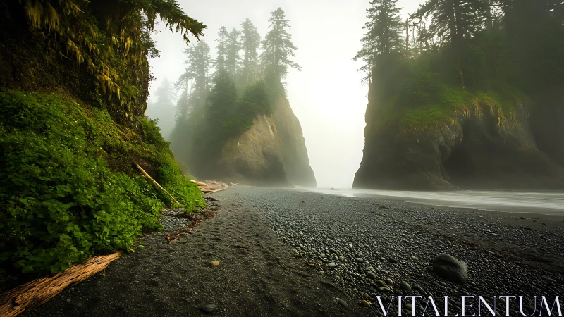 Misty coastal path leading to a hidden forest gateway.