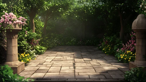 Stone colonnade garden path in volumetric morning light.