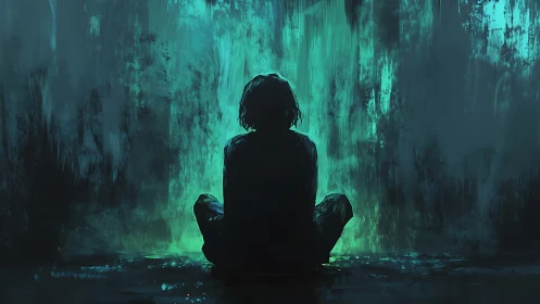 Solitary figure sits before vertical teal abstract light wall