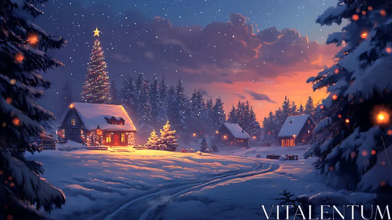 Cozy snowy cabins glow warmly under a peaceful winter sky