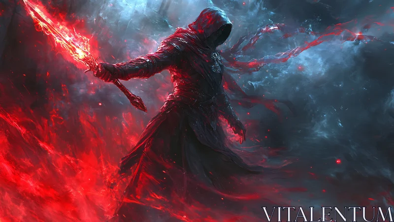 Hooded dark mage commands blazing red infernal power