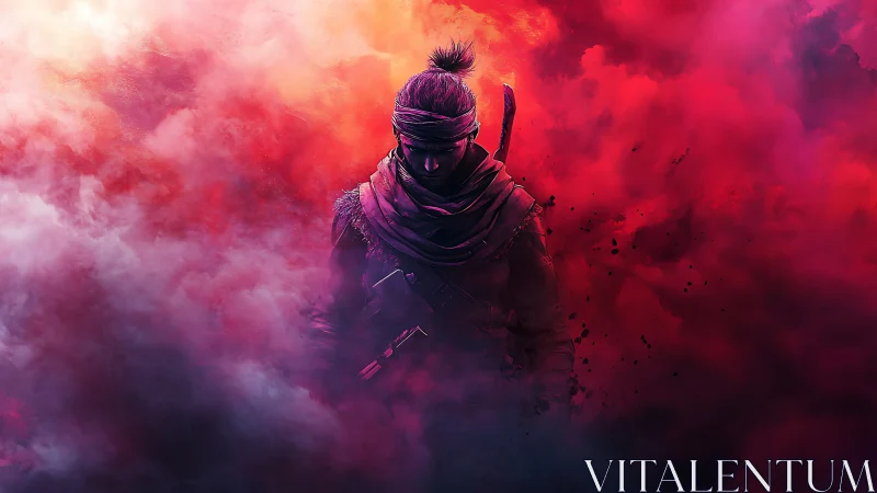 Lone warrior silhouette stands within swirling crimson fog