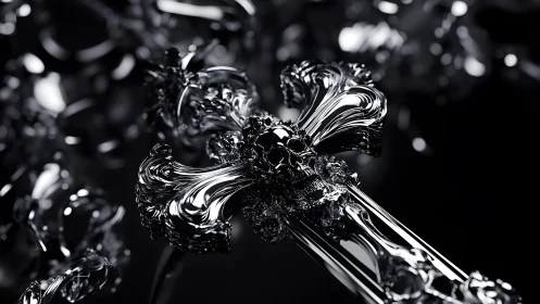 Ornate Metallic Gothic Cross with Skull Accent in Dark Art Style.