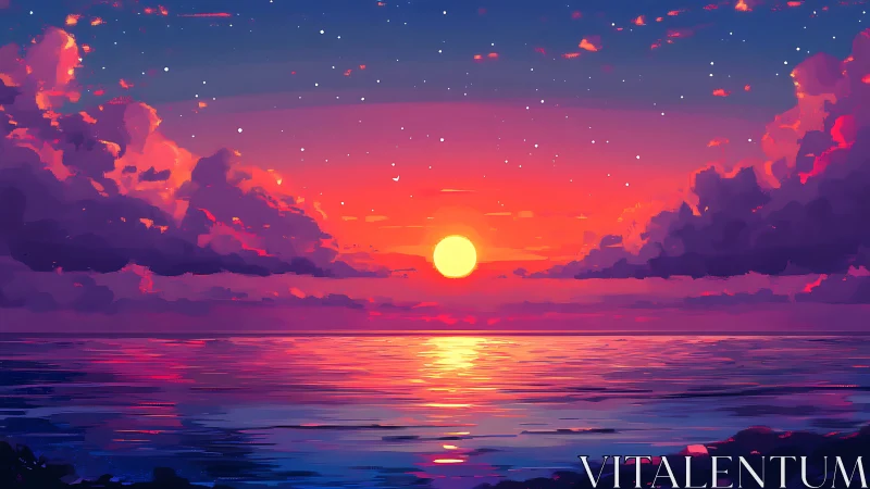 Chromatic ocean sunset with stratified nebular cloud masses.