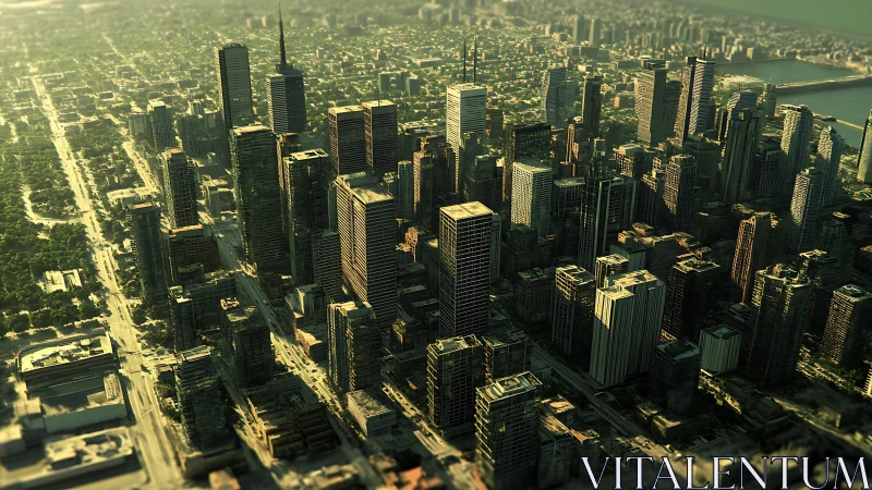 Dense modern city skyline in late afternoon light period.