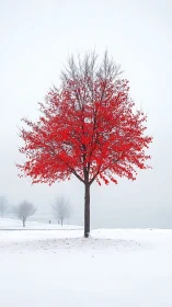 Red-leaved deciduous tree centered in a snowy lakeside landscape.