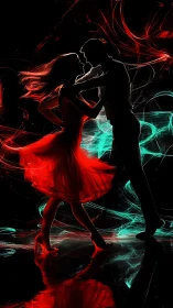 Two dancers embrace in a mesmerizing neon light display