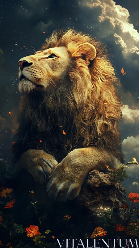 Starlit lion resting proud among glowing clouds and blooms.