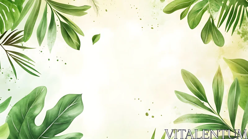 Lush tropical leaf border framing soft watercolor light.