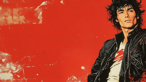 Rebellious rocker against bold red city dreams.